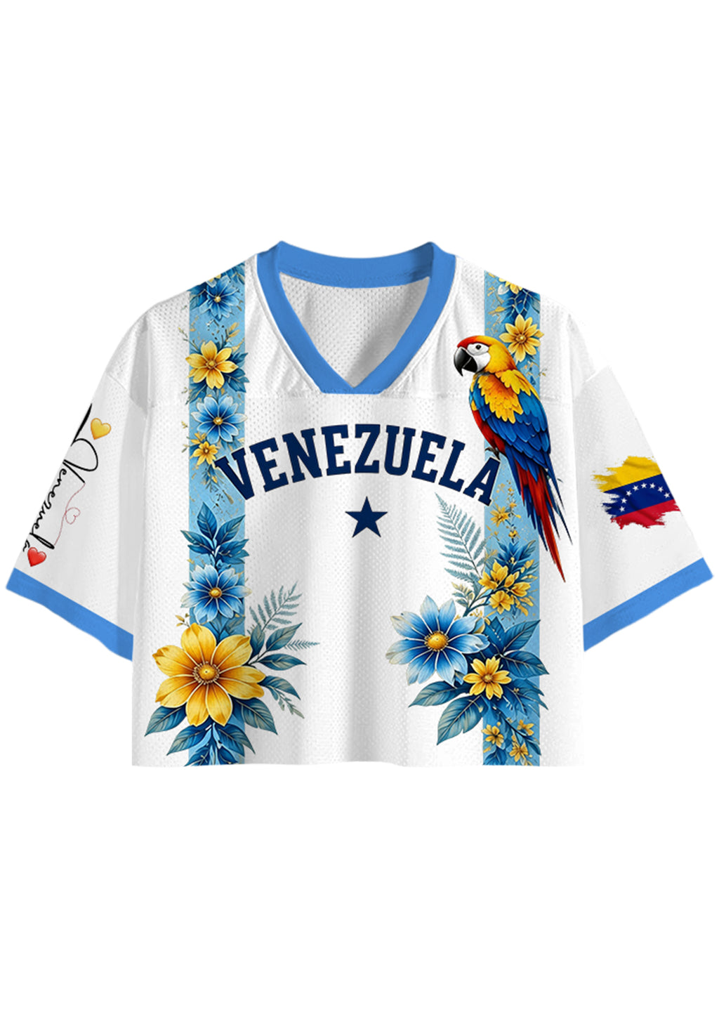 Tropical Parrot Venezuela Floral Print White Cropped Jersey Shirt
