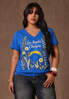 Women's Los Angeles Chargers Wildflower Graphic V-Neck Raglan Rolled T-Shirt