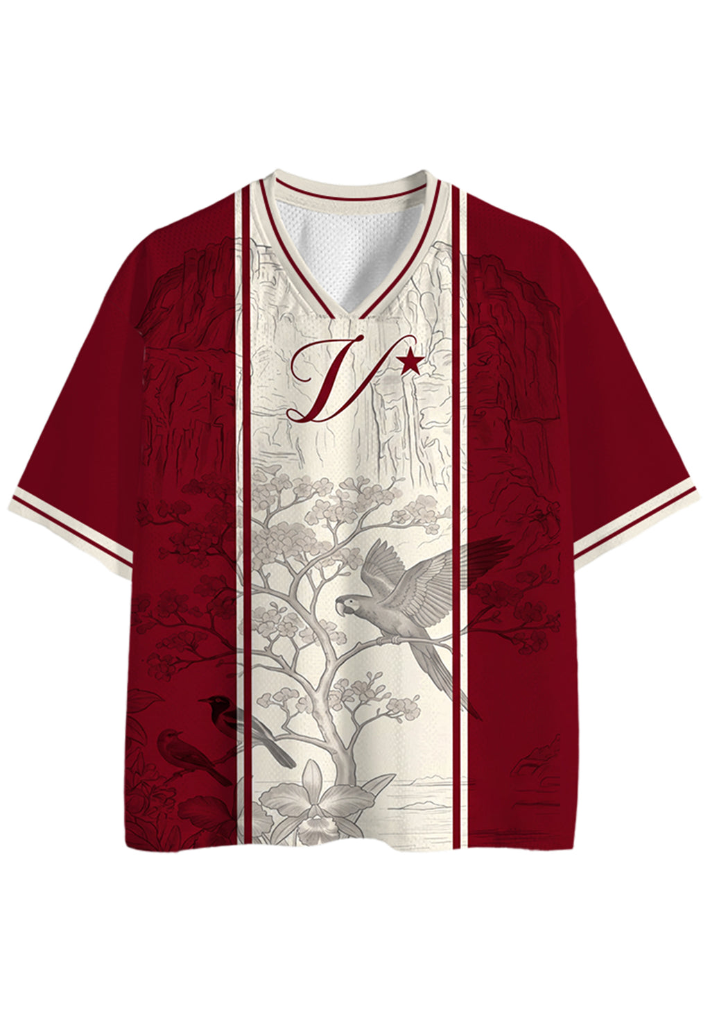 Burgundy Vintage Line Art Parrot Scenery Mesh Jersey Shirts