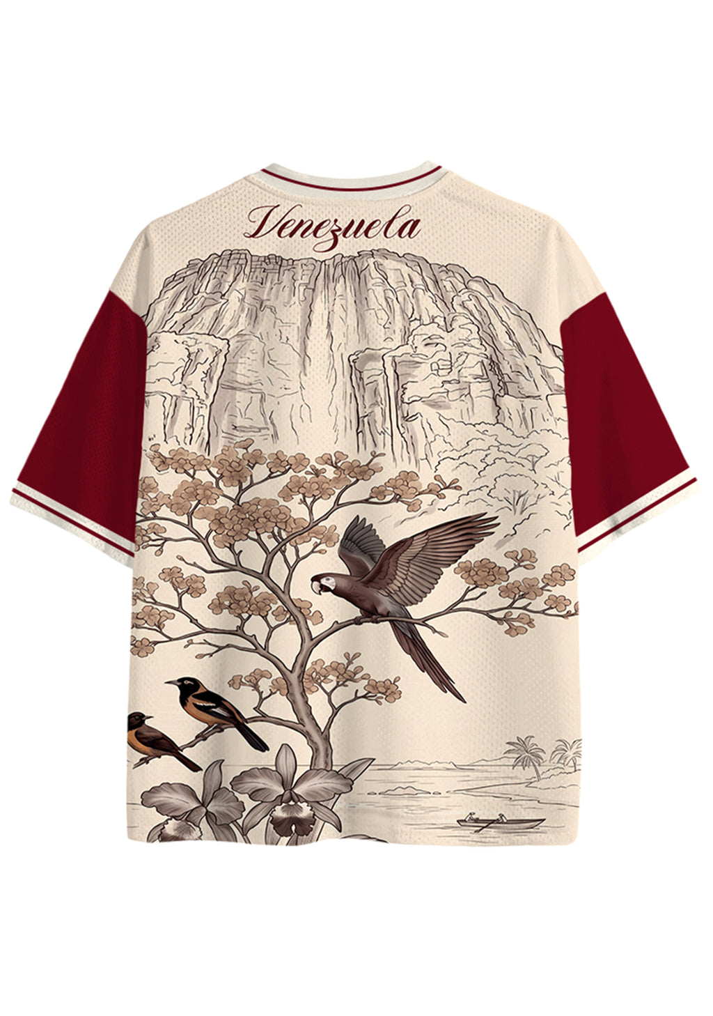 Burgundy Vintage Line Art Parrot Scenery Mesh Jersey Shirts