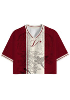 Burgundy Vintage Line Art Parrot Scenery Cropped Jersey Shirt