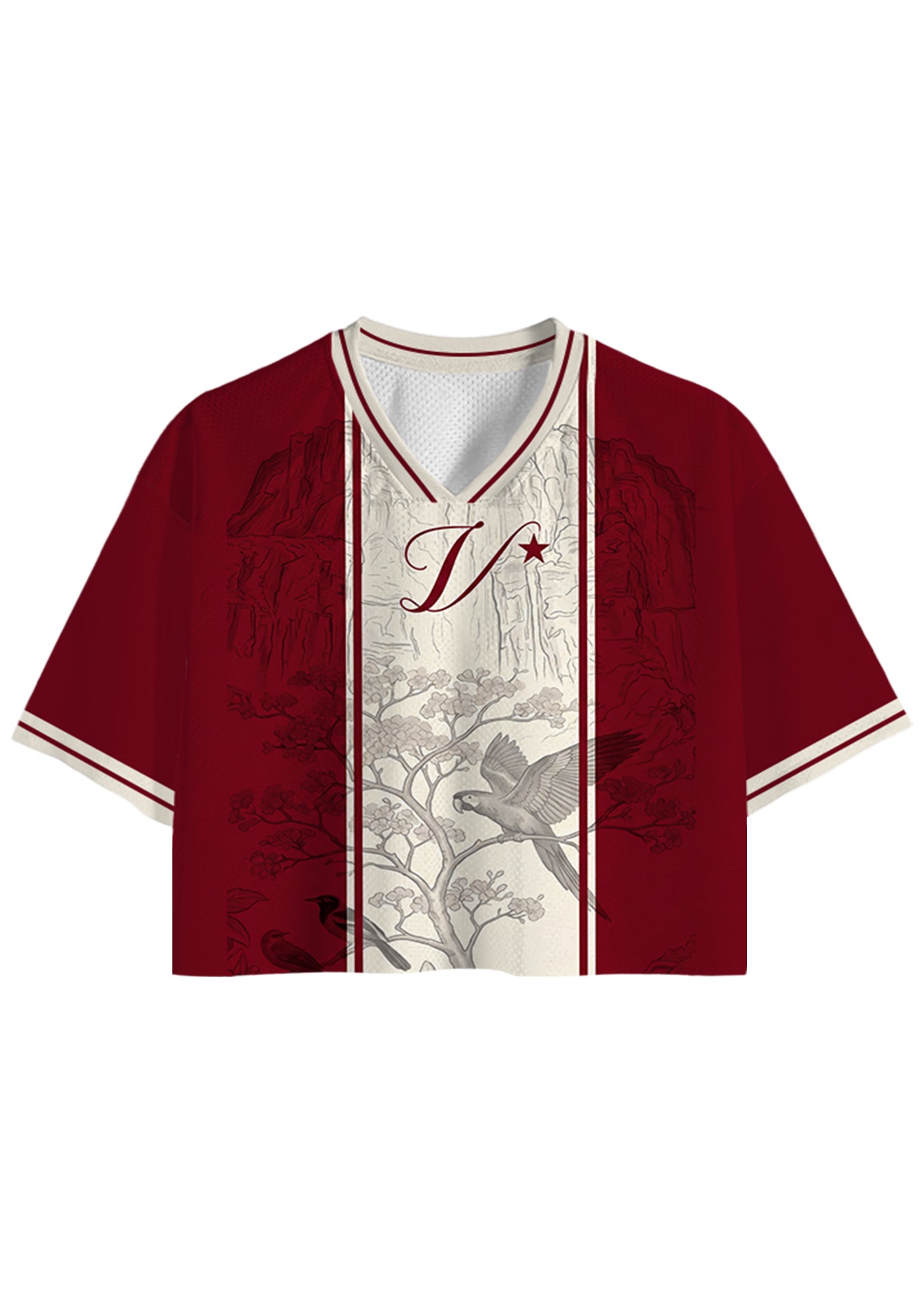Burgundy Vintage Line Art Parrot Scenery Cropped Jersey Shirt