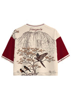 Burgundy Vintage Line Art Parrot Scenery Cropped Jersey Shirt