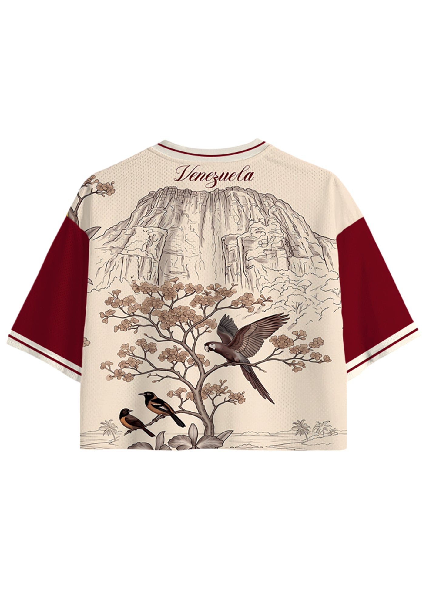 Burgundy Vintage Line Art Parrot Scenery Cropped Jersey Shirt