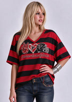 Women's Peace Love Atlanta Falcons Football Striped V Neck T-Shirt