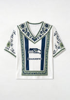 Boho Seahawks Border Floral V-Neck Blouse