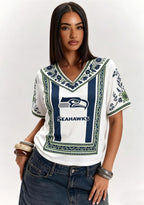 Boho Seahawks Border Floral V-Neck Blouse
