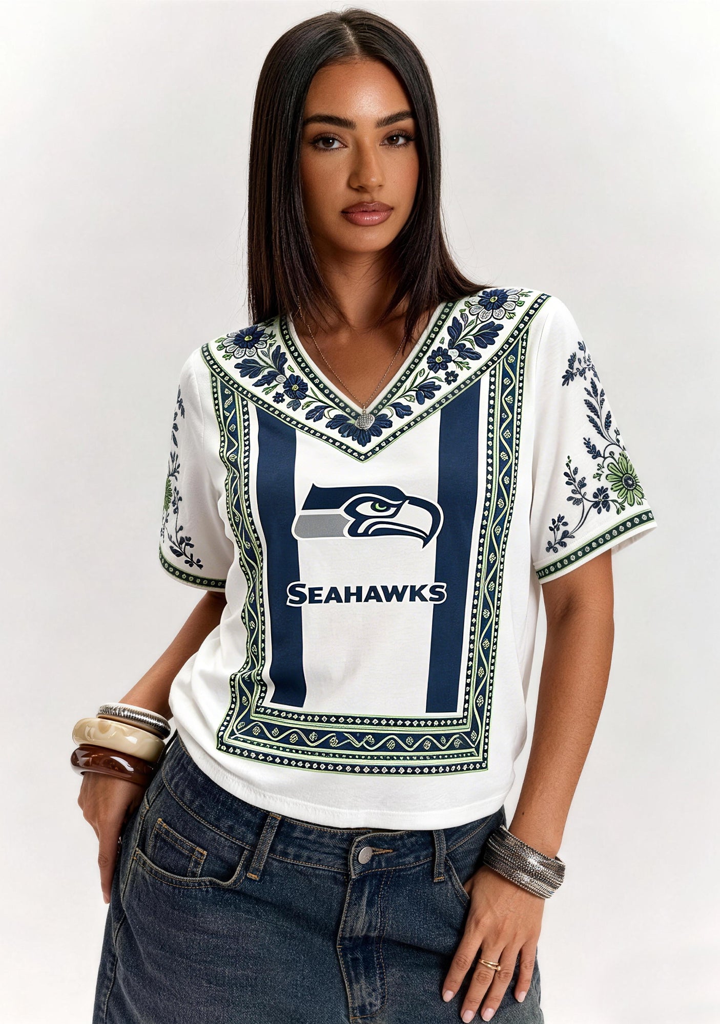 Boho Seahawks Border Floral V-Neck Blouse