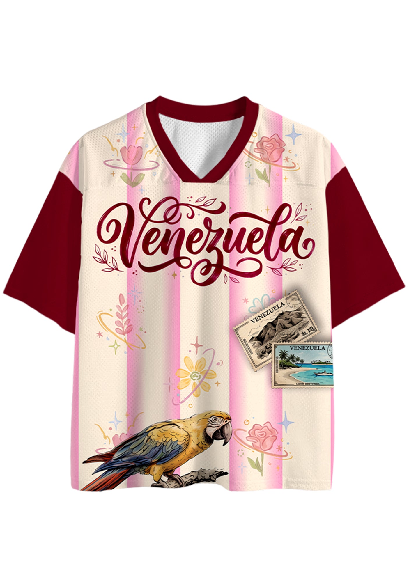 Striped Venezuela Tropical Parrot Postage Stamp Floral Mesh Jersey Shirts