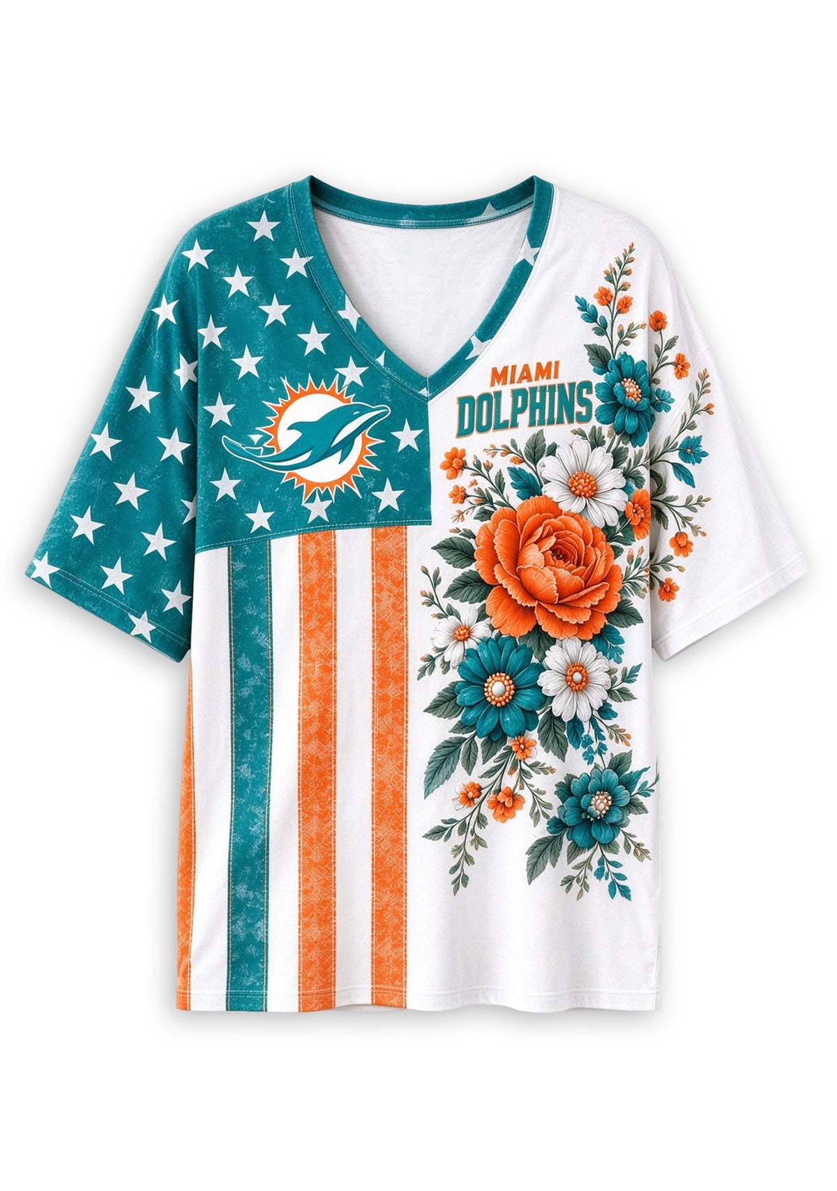 Women's Miami Dolphins American Flag Floral V-Neck T-Shirt