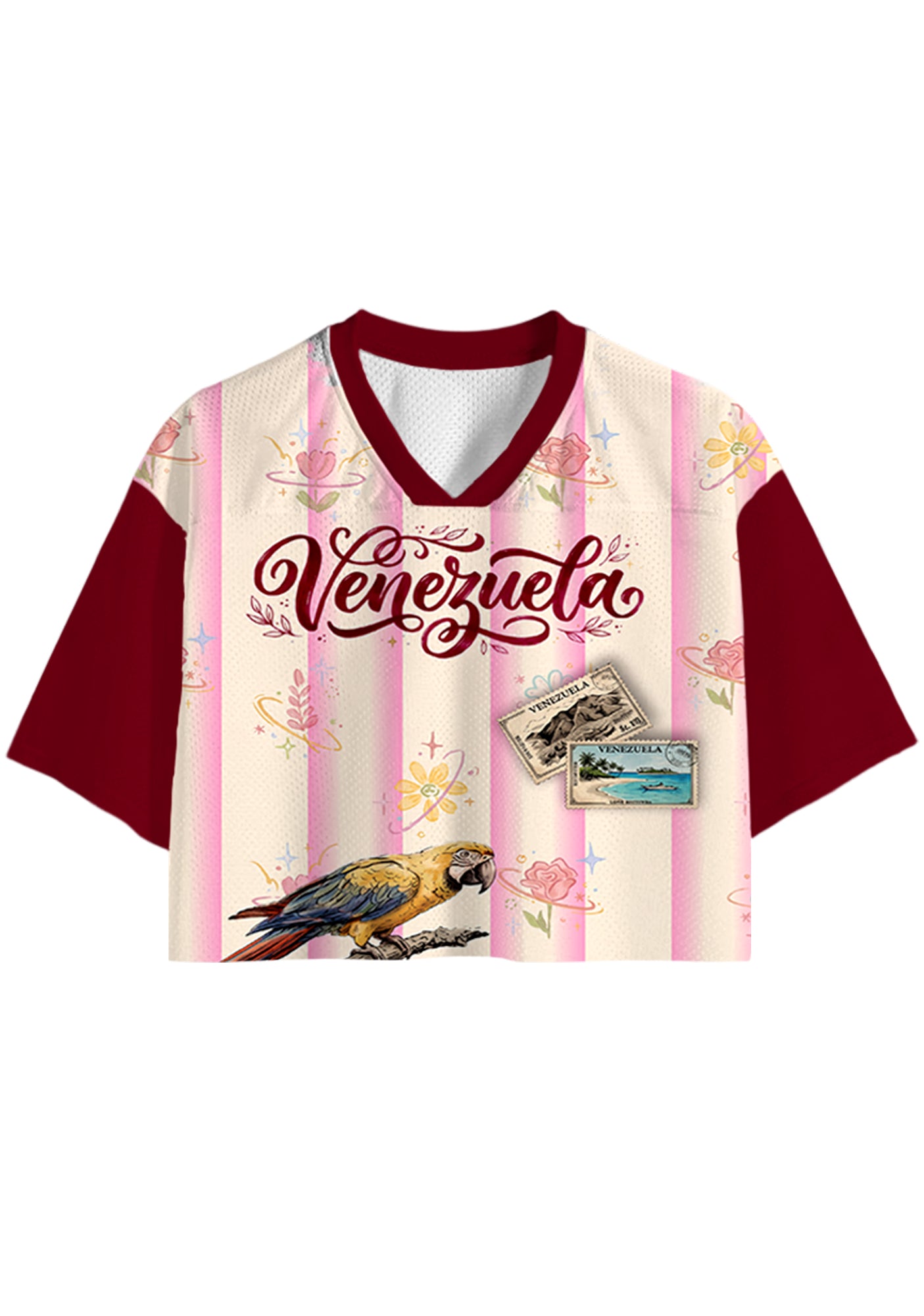 Striped Venezuela Tropical Parrot Postage Stamp Floral Cropped Jersey Shirt Main image