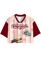 Striped Venezuela Tropical Parrot Postage Stamp Floral Cropped Jersey Shirt
