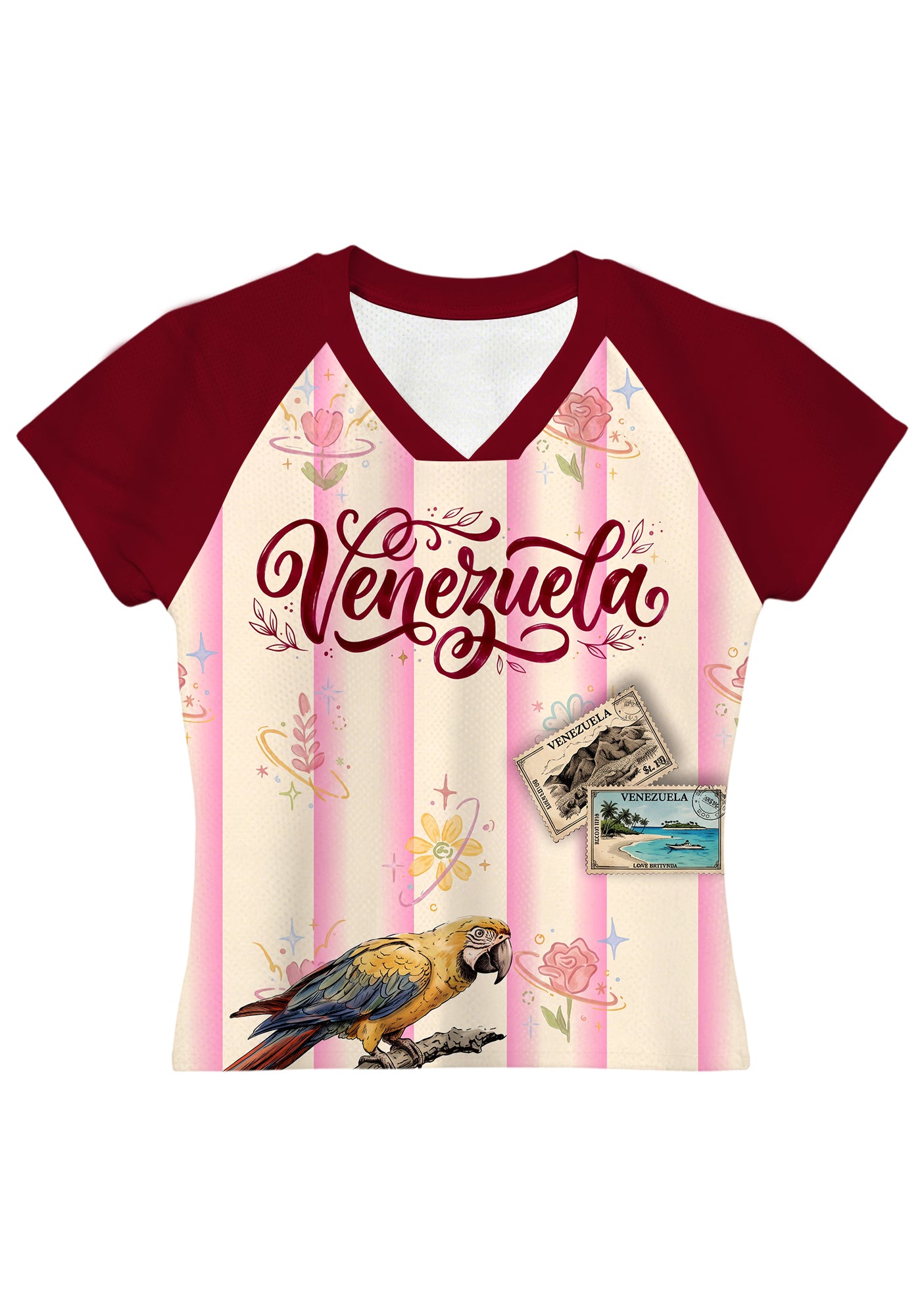 Striped Venezuela Tropical Parrot Postage Stamp Floral Baby Tee Main image