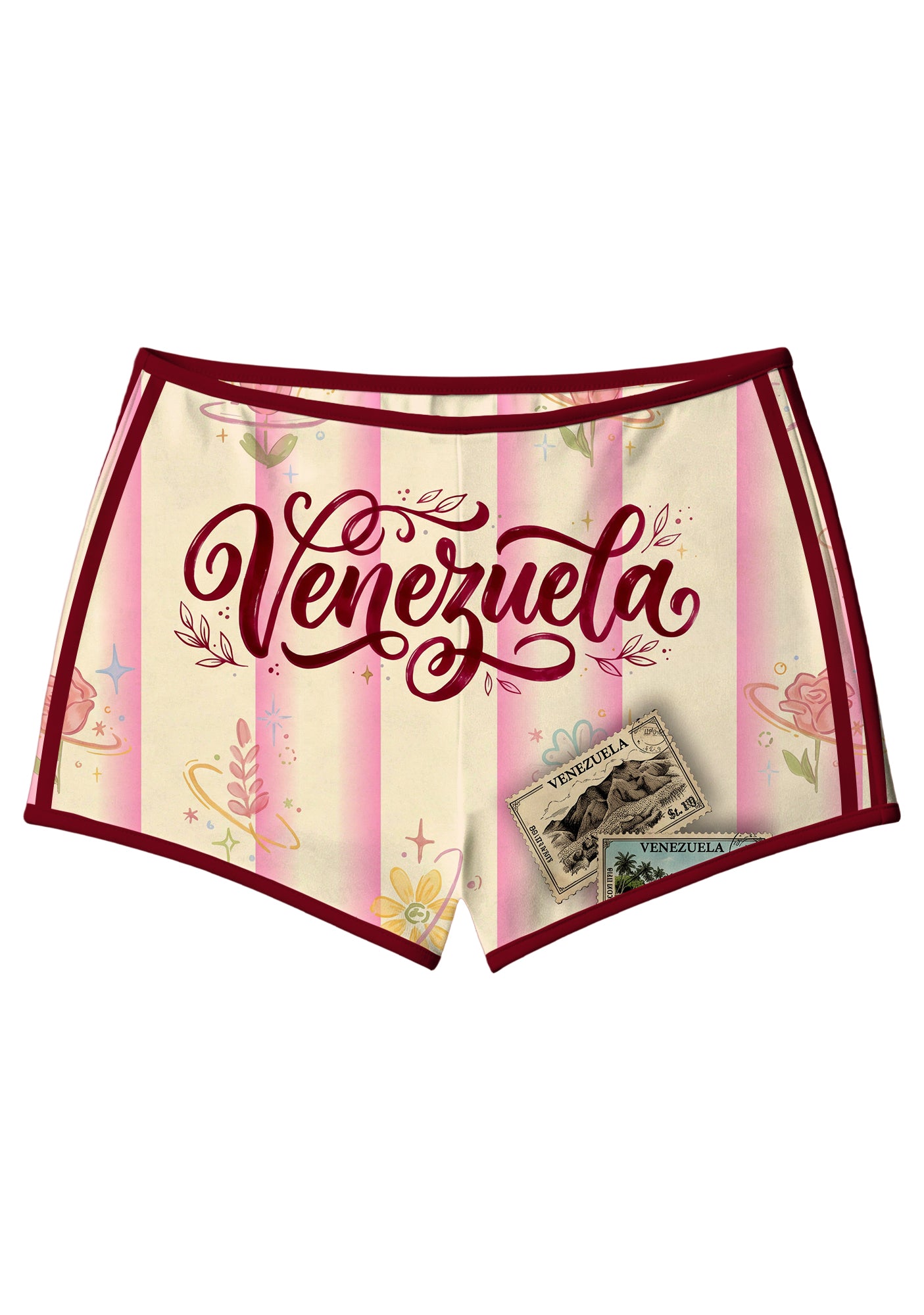 Venezuela Vintage Stamp Pink Stripe Booty Shorts Main image