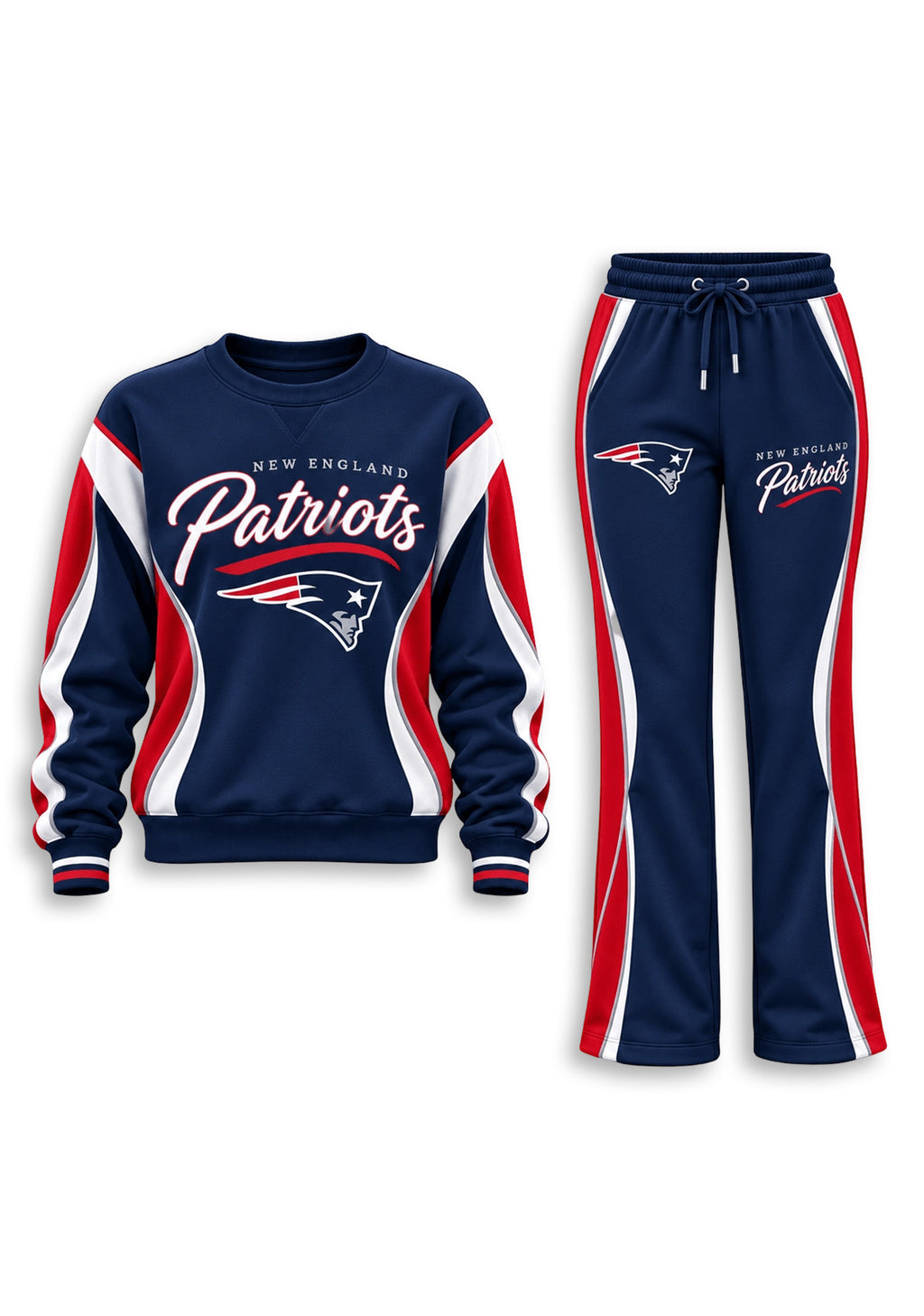 Women's New England Patriots Crewneck Sweatshirt & Flared Pants 2 Piece Set