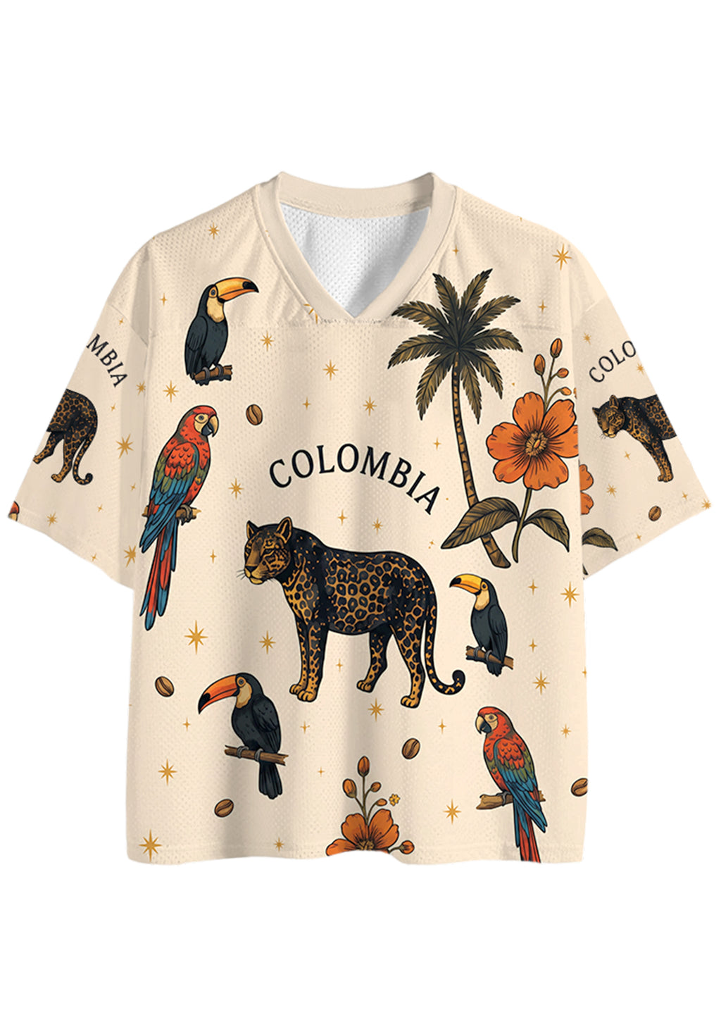 Colombia‑Inspired Tropical Wildlife Print Mesh Jersey Shirts