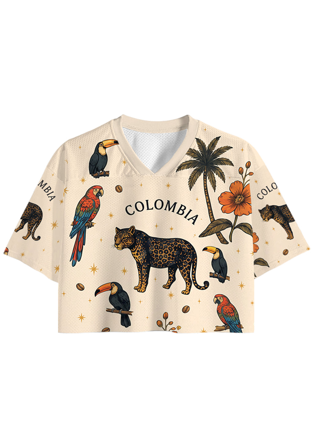 Colombia‑Inspired Tropical Wildlife Print Cropped Jersey Shirt
