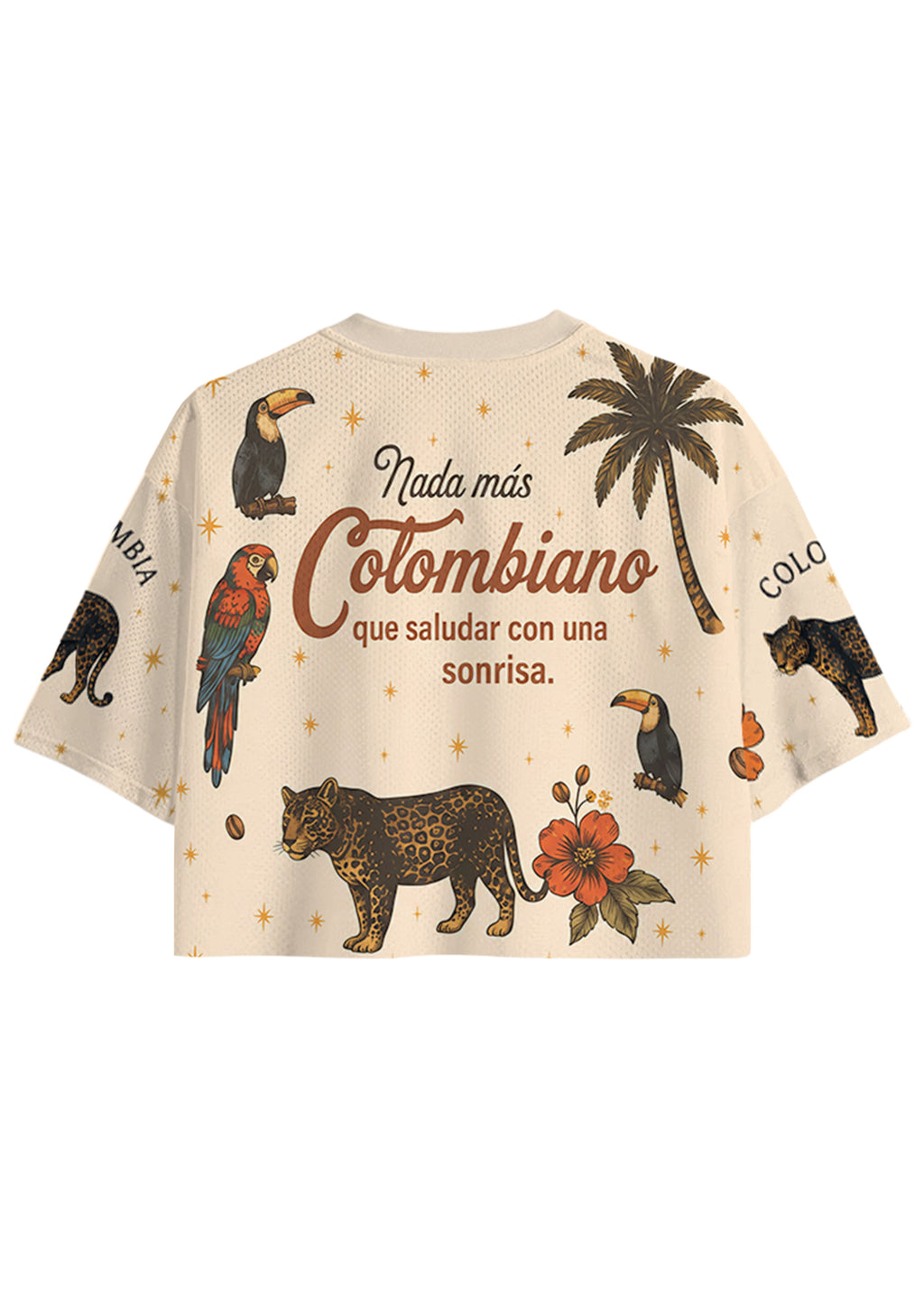 Colombia‑Inspired Tropical Wildlife Print Cropped Jersey Shirt