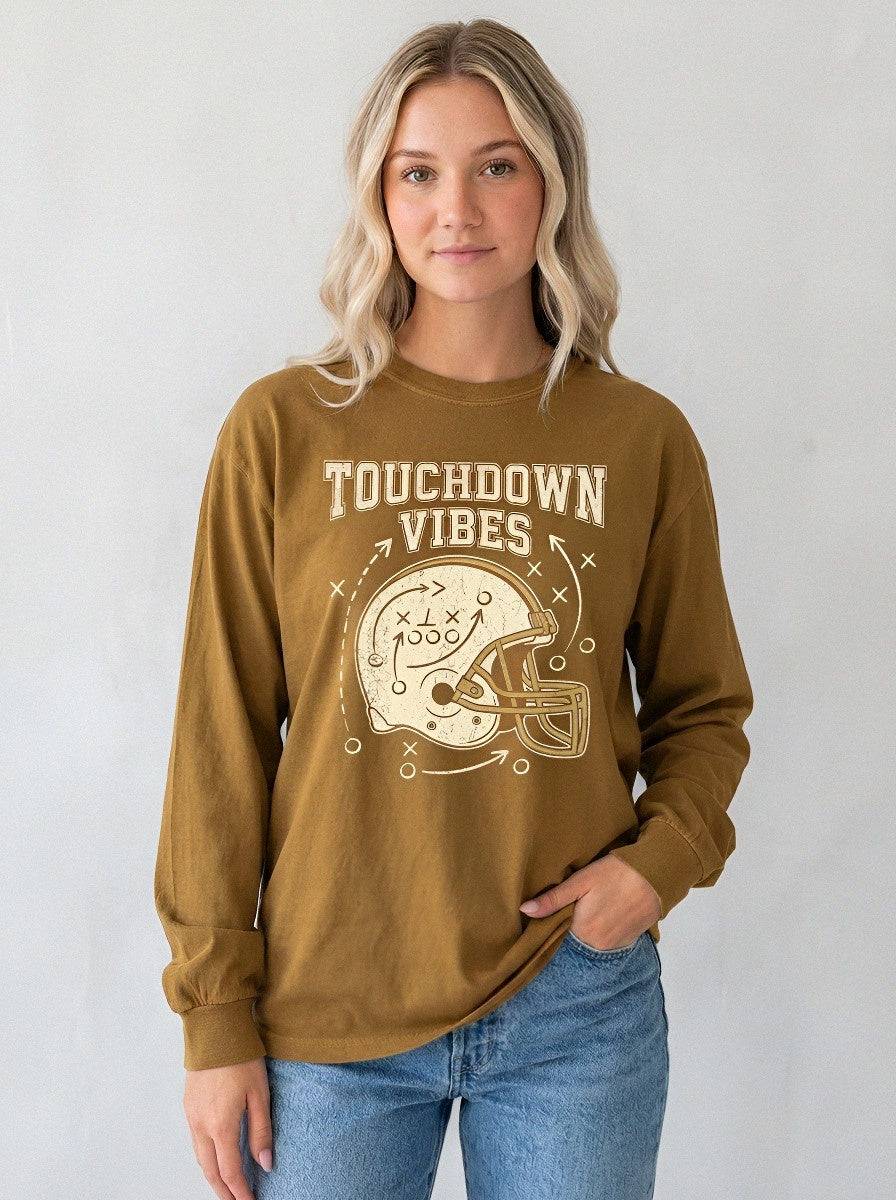 Women's Football Lover Touchdown Vibes Helmet Printed Long Sleeve T-Shirt