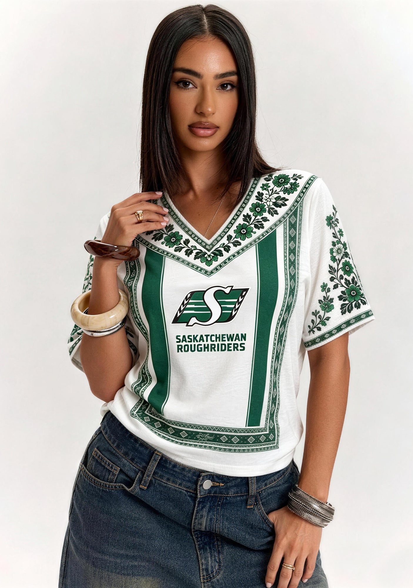 Boho Saskatchewan Roughriders Floral V-Neck Blouse Main image