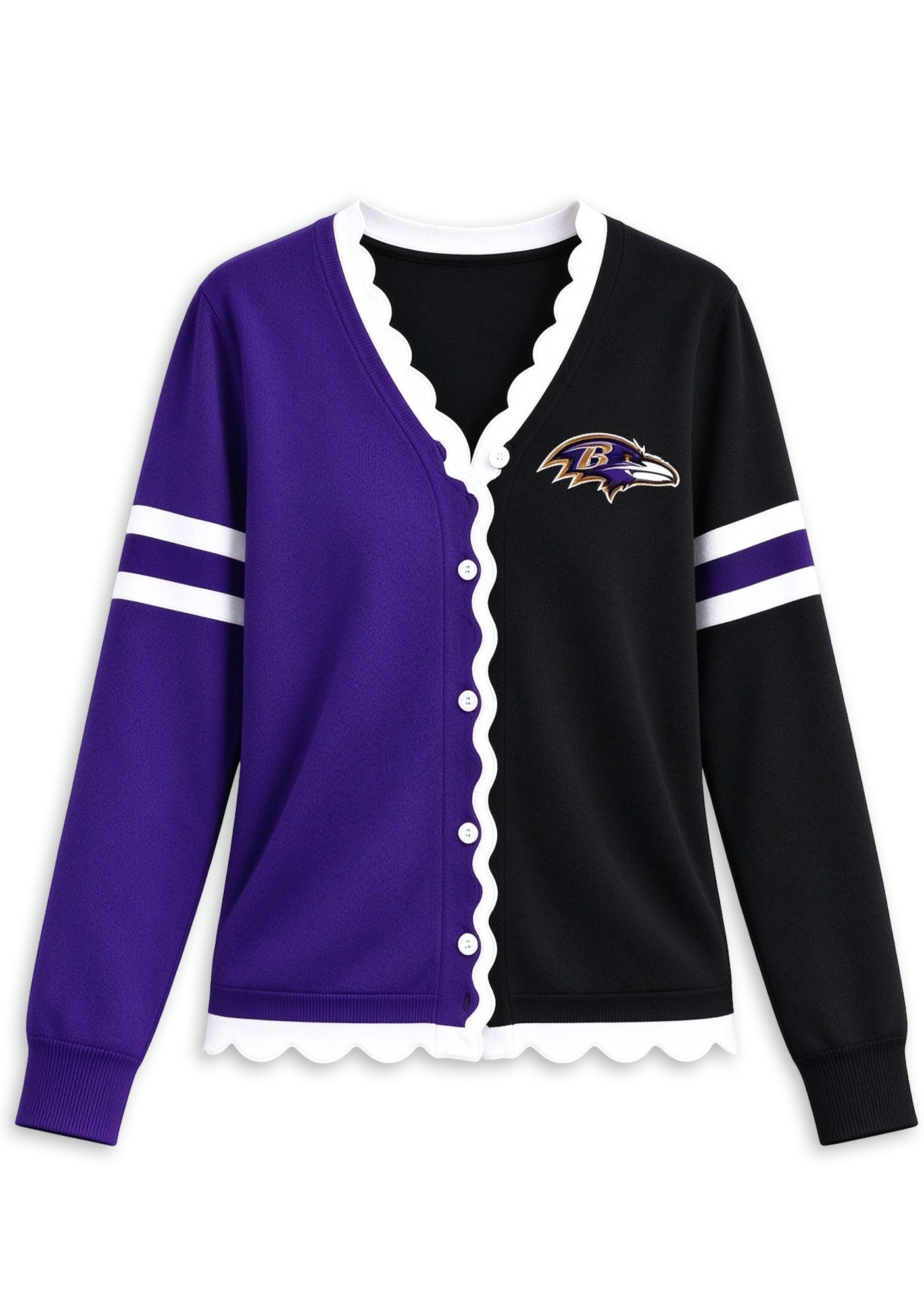 Women's Baltimore Ravens Color Block Scalloped Trim V-Neck Button Cardigan Secondary image