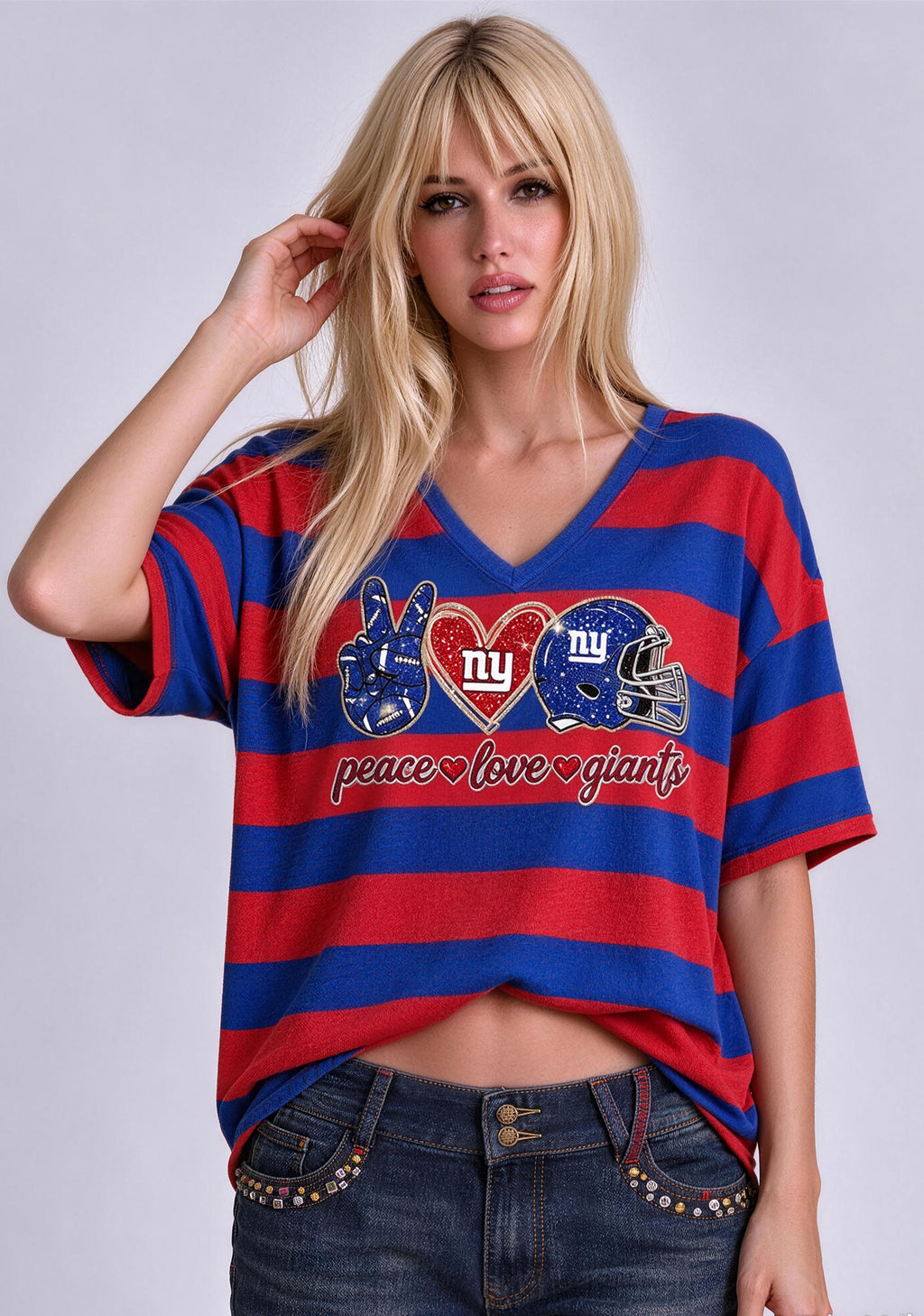 Women's Peace Love New York Giants Football Striped V Neck T-Shirt