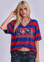 Women's Peace Love New York Giants Football Striped V Neck T-Shirt