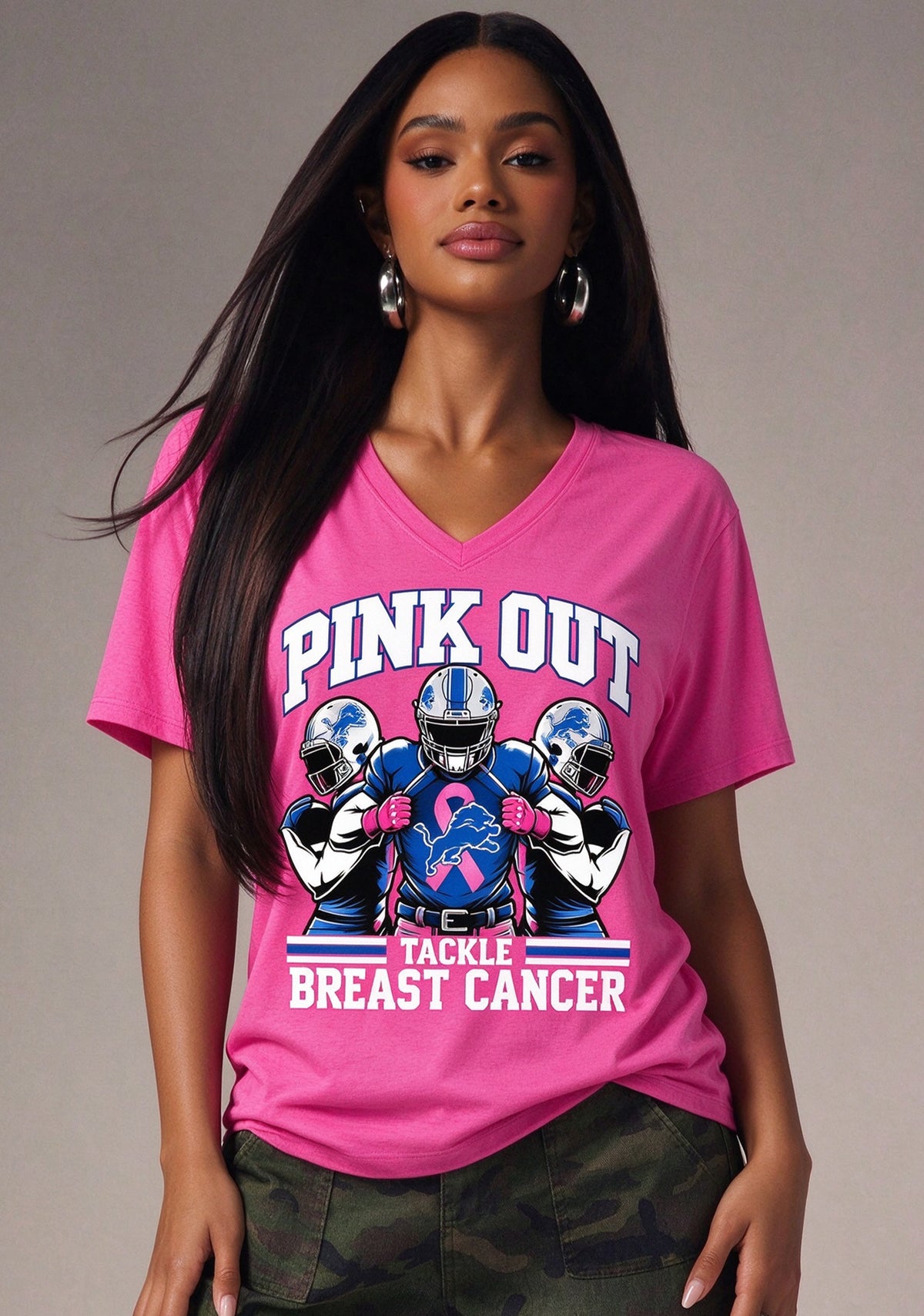 Detroit Lions Pink Out Tackle Breast Cancer Awareness V-Neck T-Shirt Main image