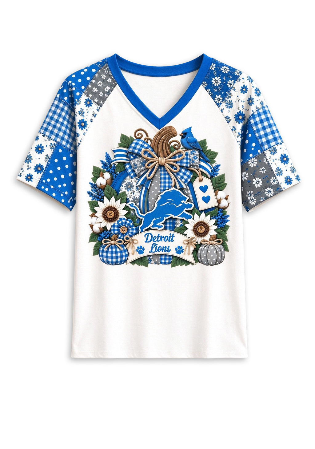Women's Detroit Lions Patchwork Sleeve V-Neck Raglan T-Shirt
