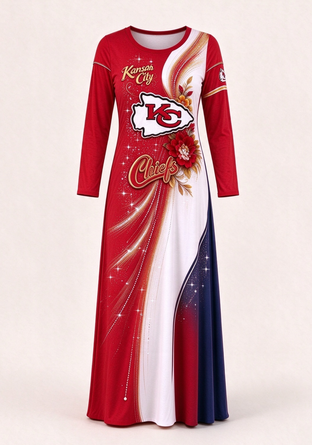 Women Kansas City Chiefs Floral Print Long Sleeve Maxi Dress