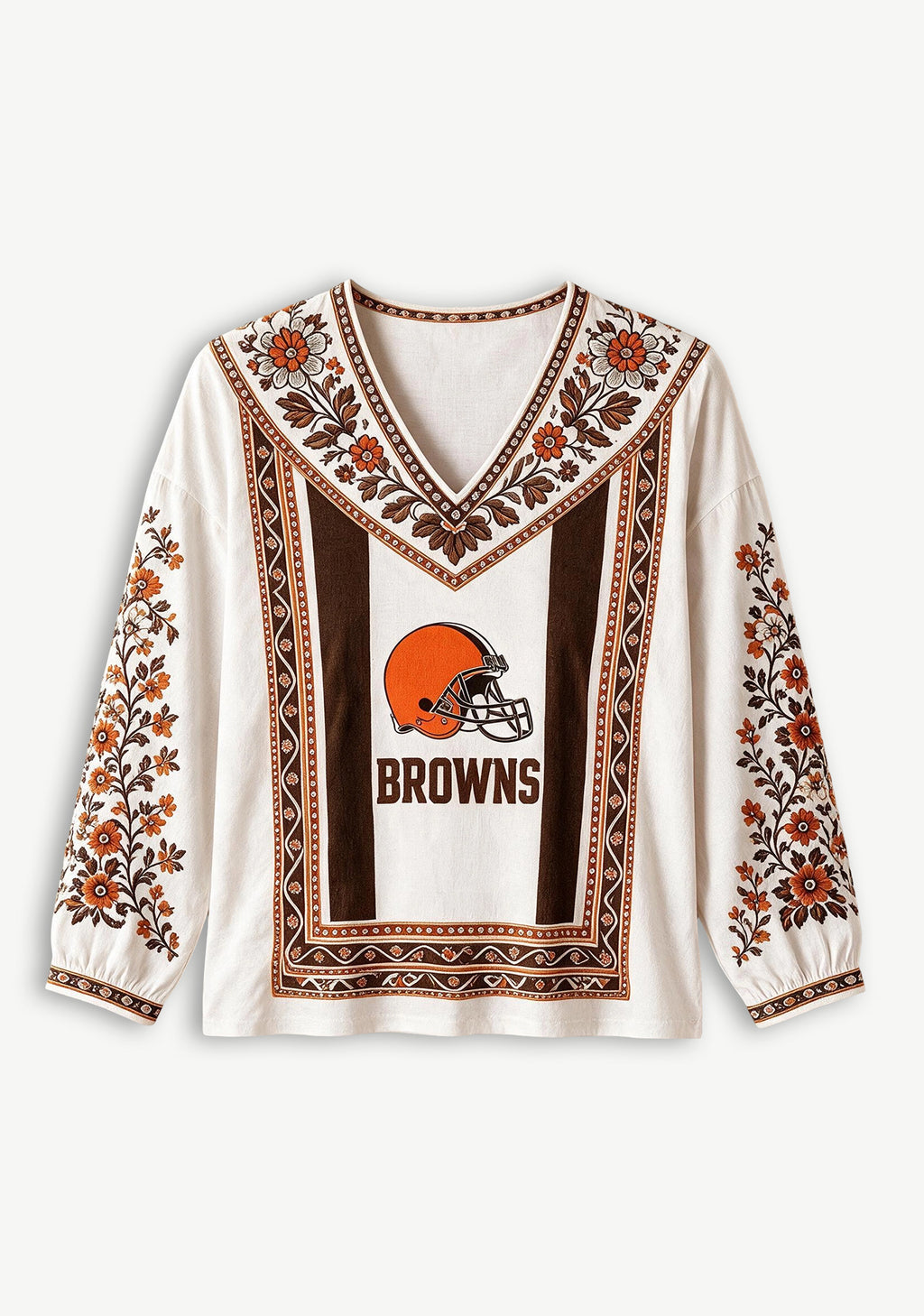 Cleveland Browns Bohemian Floral Printed V-Neck Long Sleeve Shirt