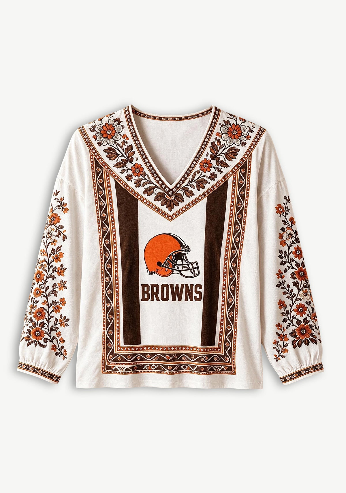 Cleveland Browns Bohemian Floral Printed V-Neck Long Sleeve Shirt