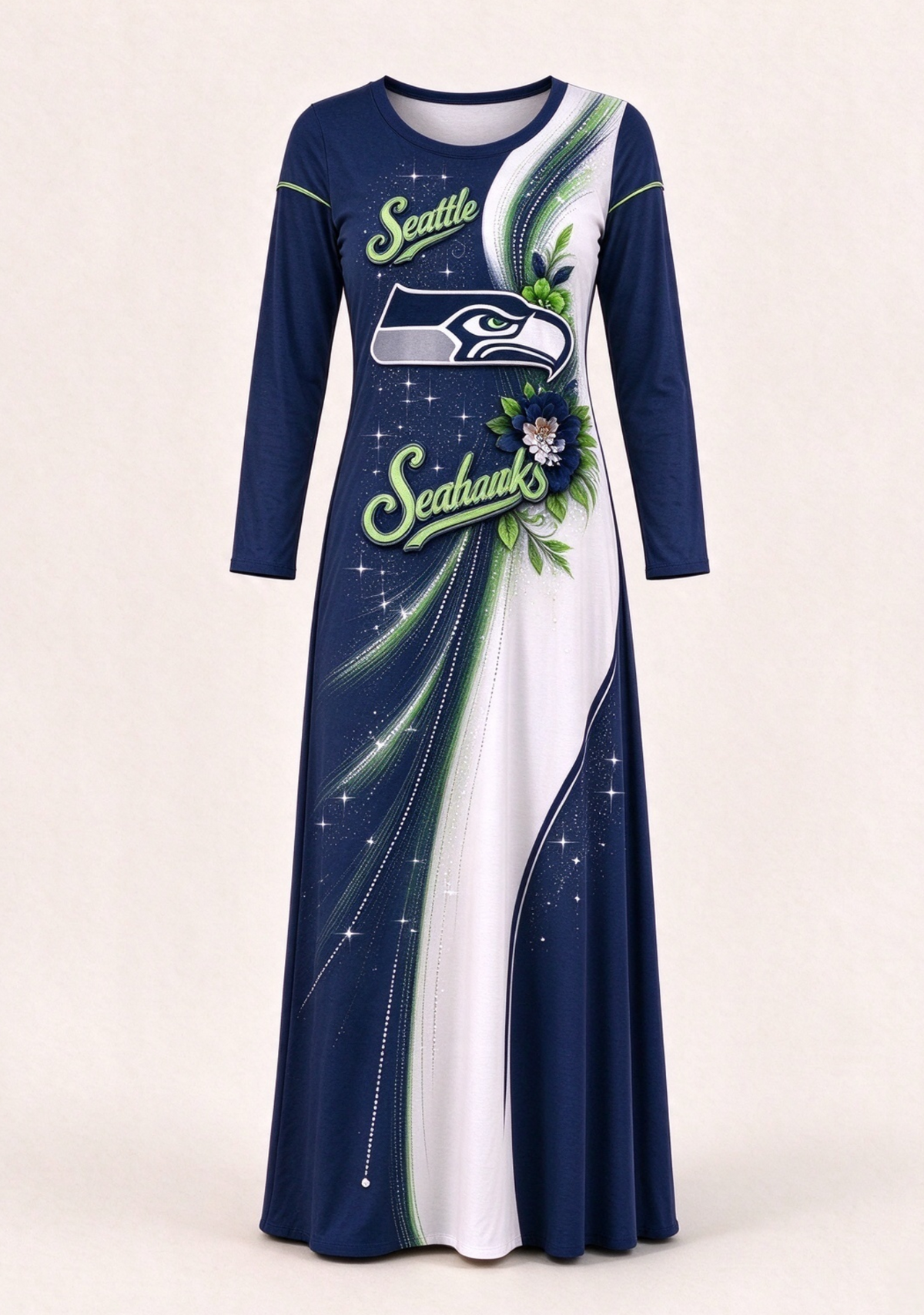 Women Seattle Seahawks Floral Print Long Sleeve Maxi Dress