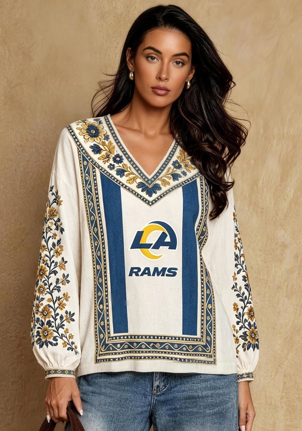 Women's Los Angeles Rams Boho Floral Printed V-Neck Long Sleeve Shirt