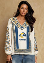 Women's Los Angeles Rams Boho Floral Printed V-Neck Long Sleeve Shirt