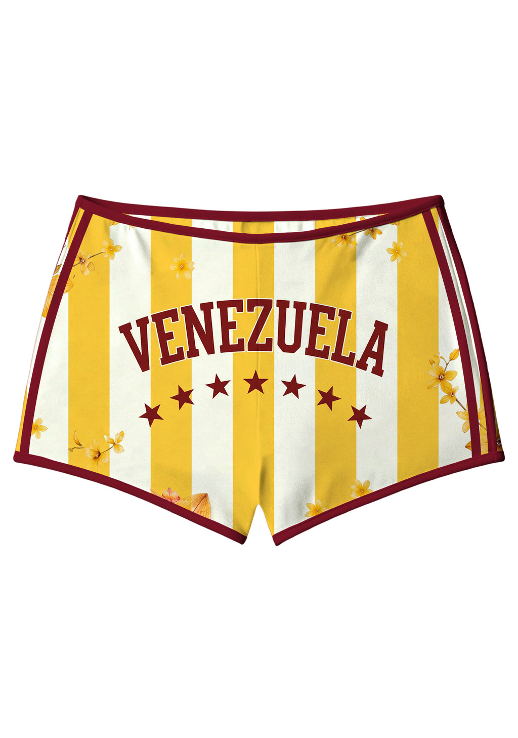 Yellow White Striped Venezuela Floral Graphic Booty Shorts