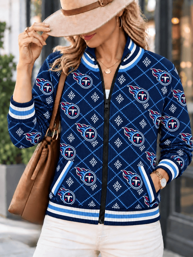 Women's Tennessee Titans Christmas Snowflake Argyle Print Zip Up Varsity Jacket