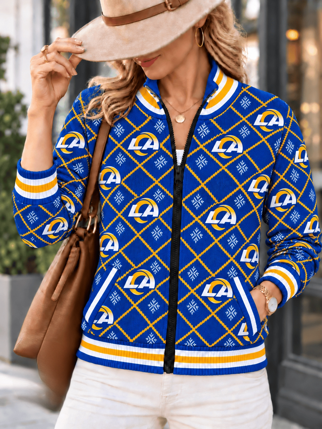 Women's Los Angeles Rams Argyle Print Zip Up Varsity Jacket Main image