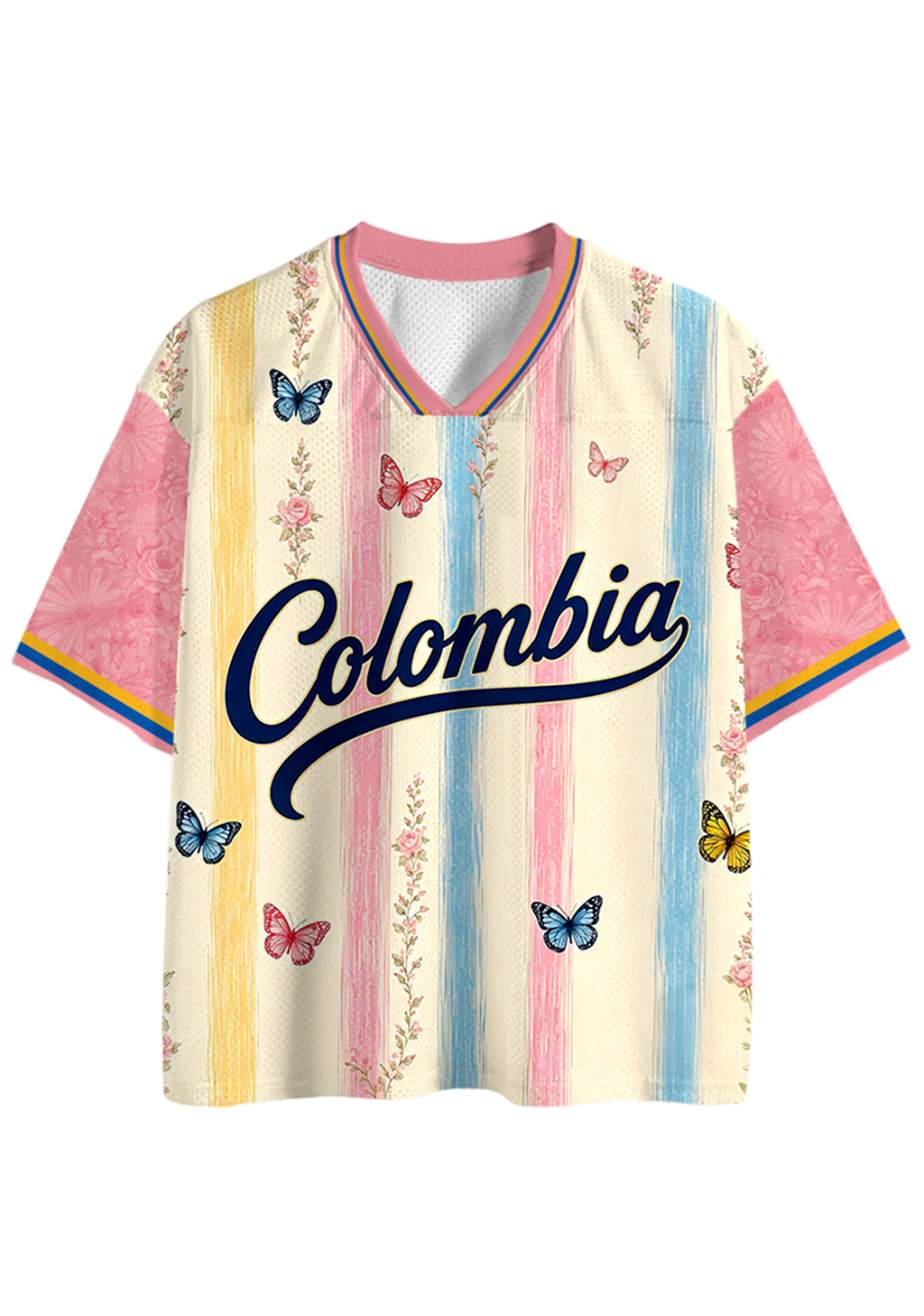 Colombia Butterfly Floral Striped Mesh Jersey Shirts