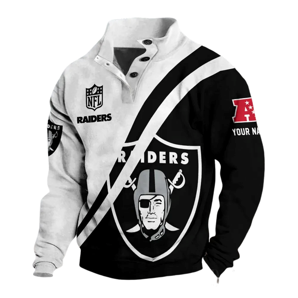 Raiders Diagonal Split Custom Button Mock Neck Sweatshirt