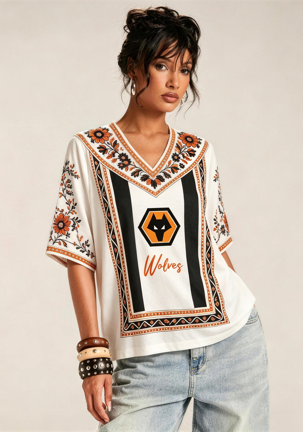 Boho Floral Border Print Featuring Wolves V-Neck Blouse