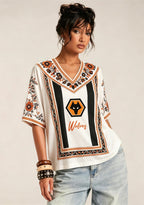 Boho Floral Border Print Featuring Wolves V-Neck Blouse