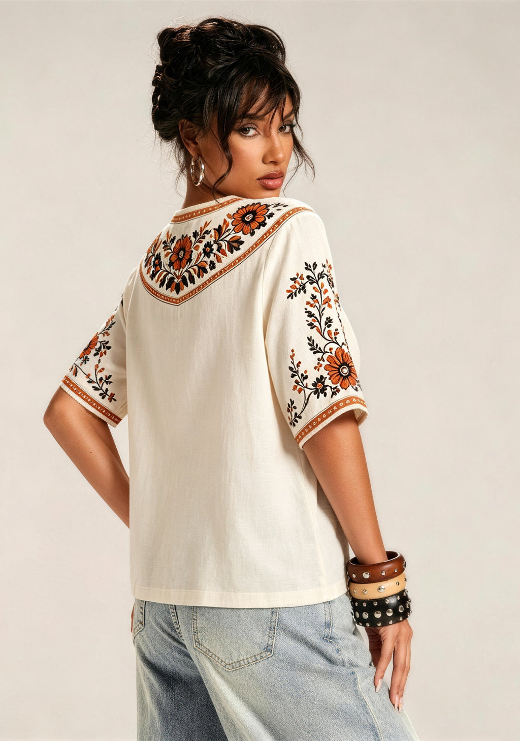 Boho Floral Border Print Featuring Wolves V-Neck Blouse