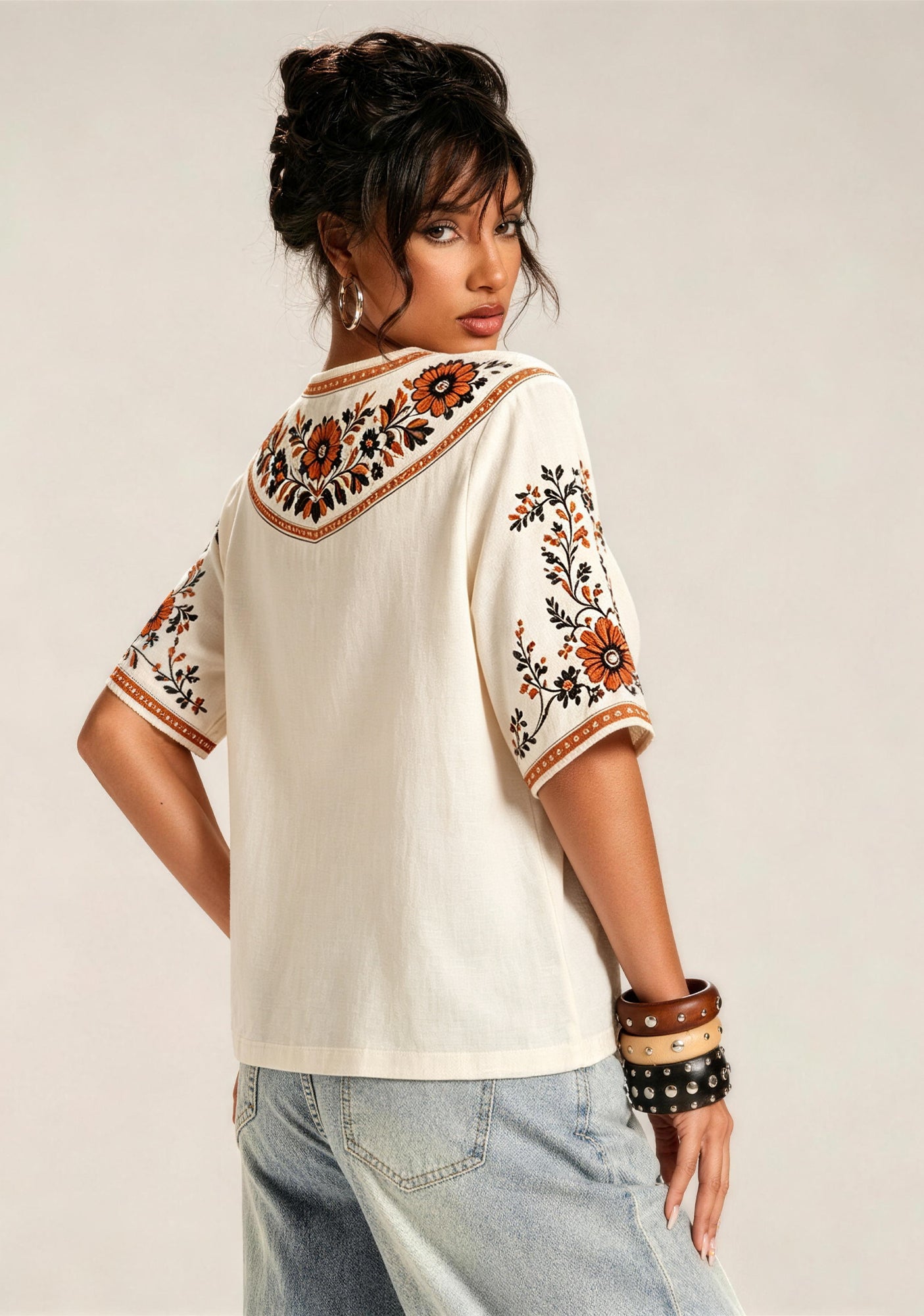 Boho Floral Border Print Featuring Wolves V-Neck Blouse
