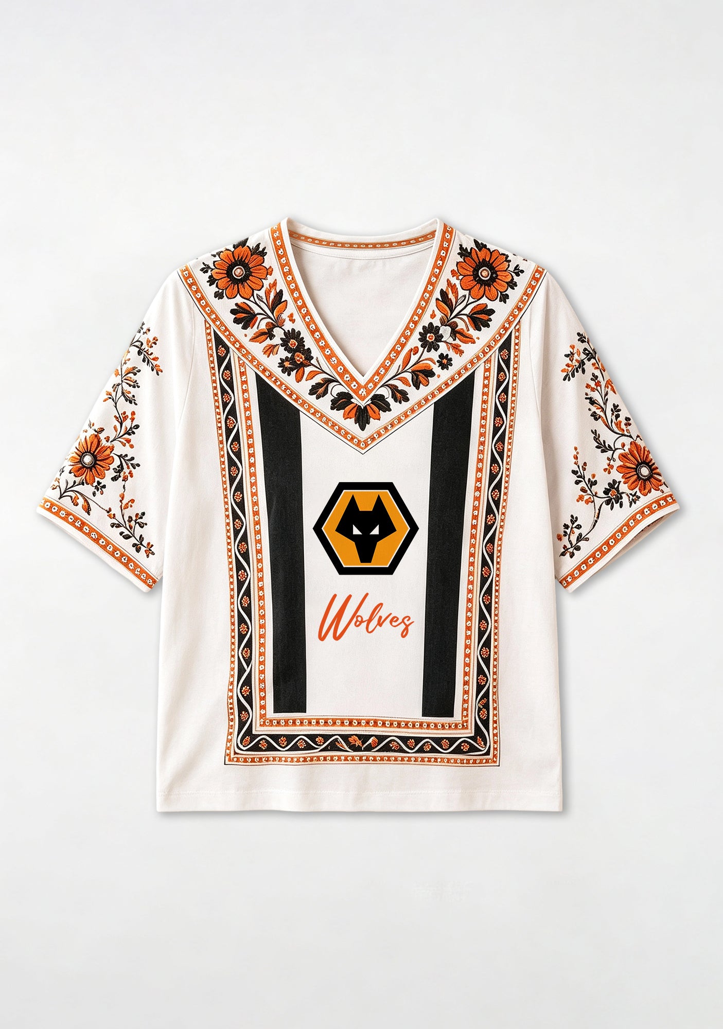 Boho Floral Border Print Featuring Wolves V-Neck Blouse Secondary image