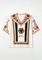 Boho Floral Border Print Featuring Wolves V-Neck Blouse