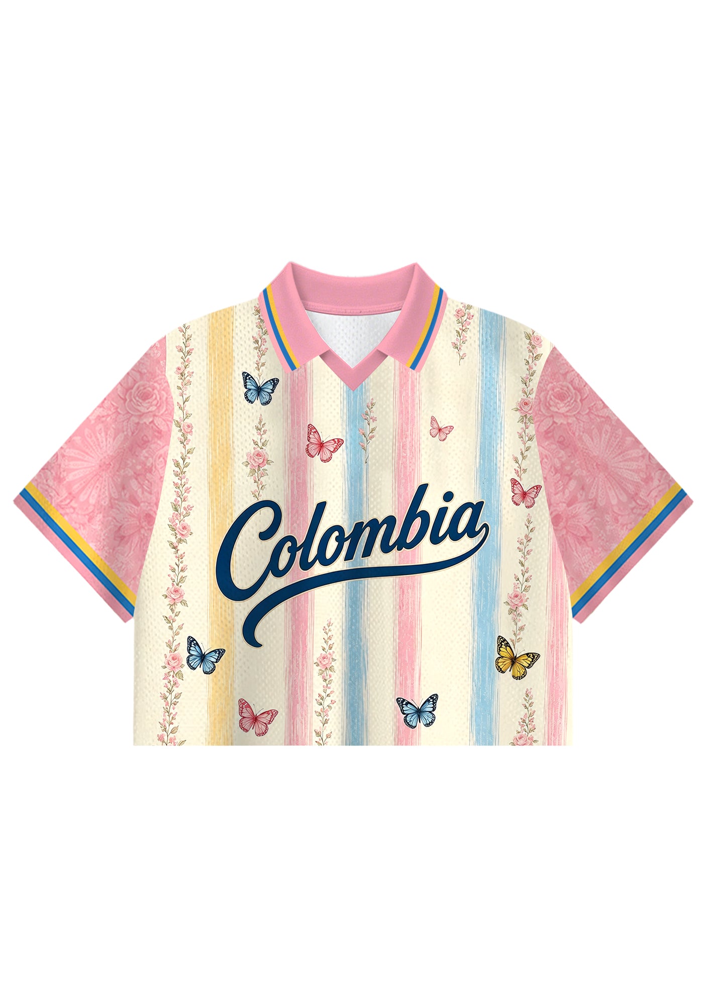 Colombia Butterfly Floral Striped Cropped Collared Jersey Shirt Main image