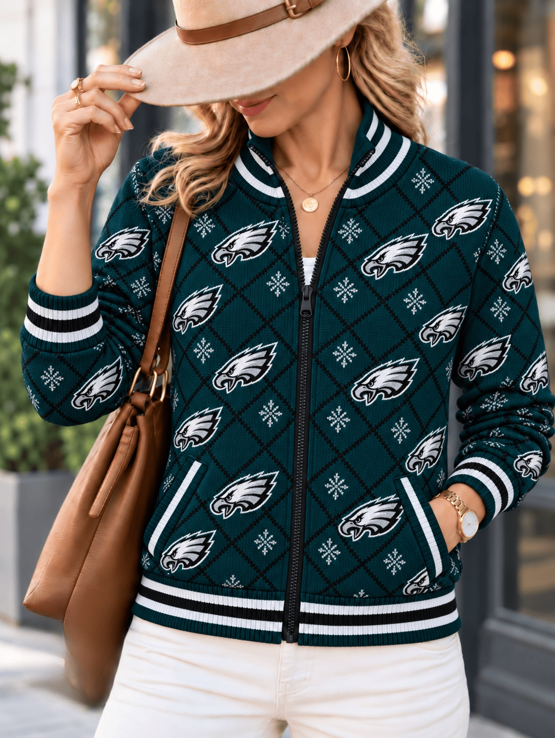 Women's Philadelphia Eagles Christmas Snowflake Argyle Print Zip Up Varsity Jacket Main image