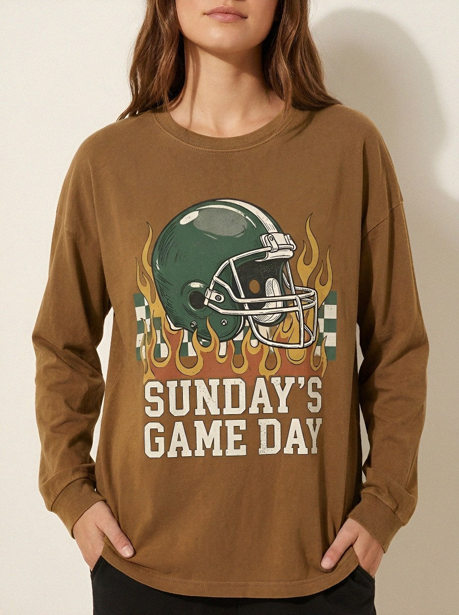 Women's Football Lover Sunday's Game Day Helmet Fire Printed Long Sleeve T-Shirt