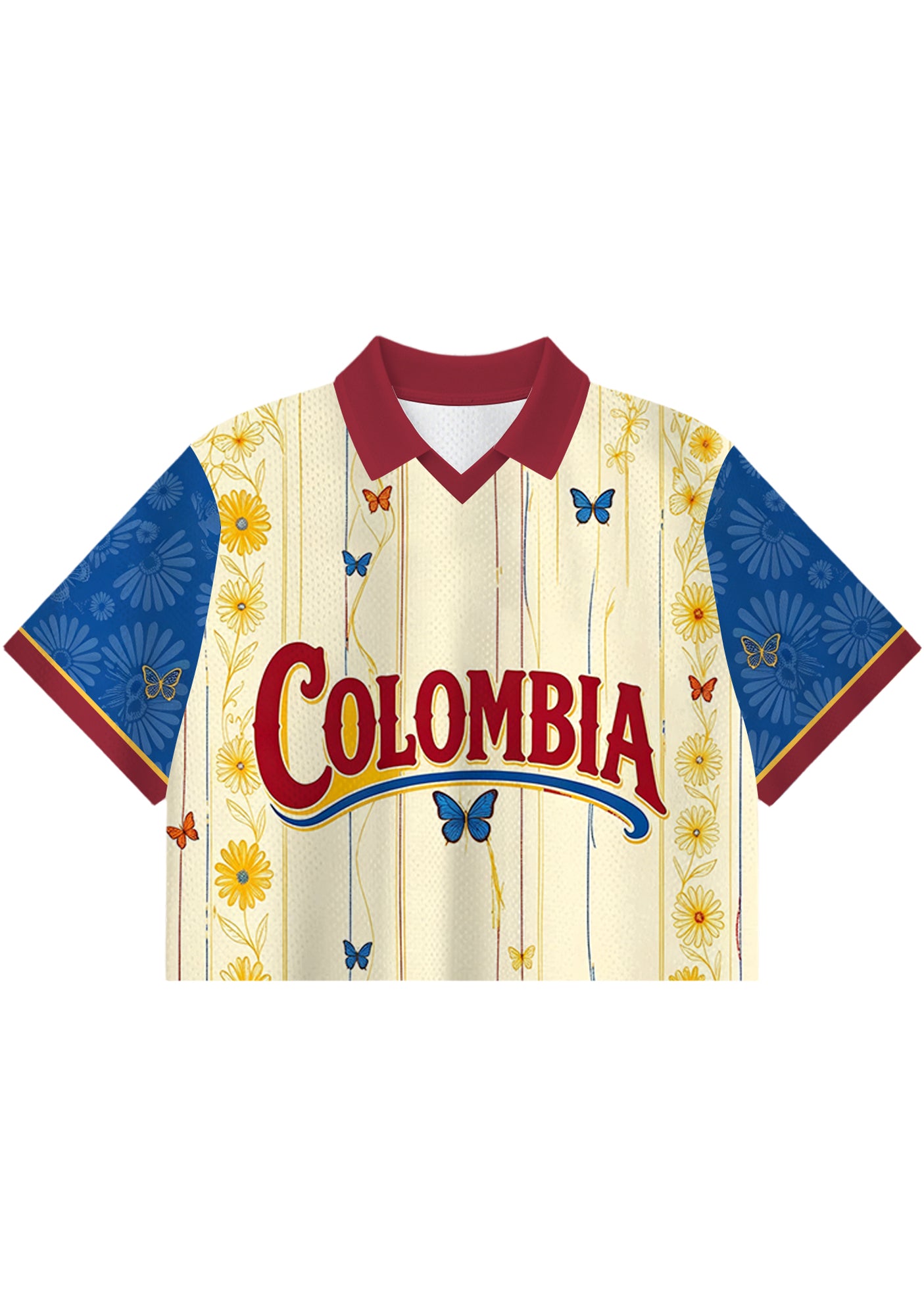 Colombia Daisy Butterfly Vine Striped Art Cropped Collared Jersey Shirt Main image